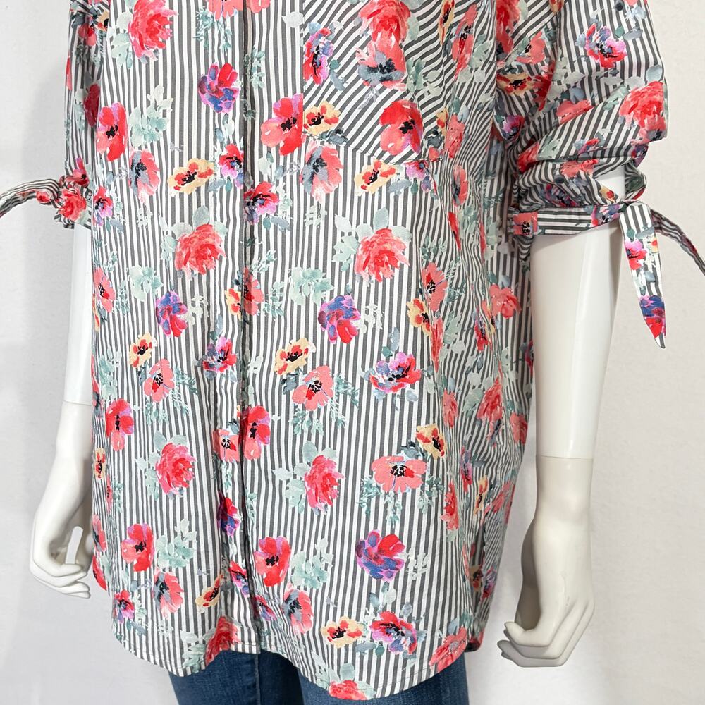 Sanctuary Button Down Shirt Womens Medium Pink Gray Striped Floral Tunic Blouse - Picture 12 of 14